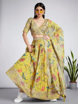 Mustard colour Organza Floral design digital print Semi-Stitched Lehenga choli & Dupatta