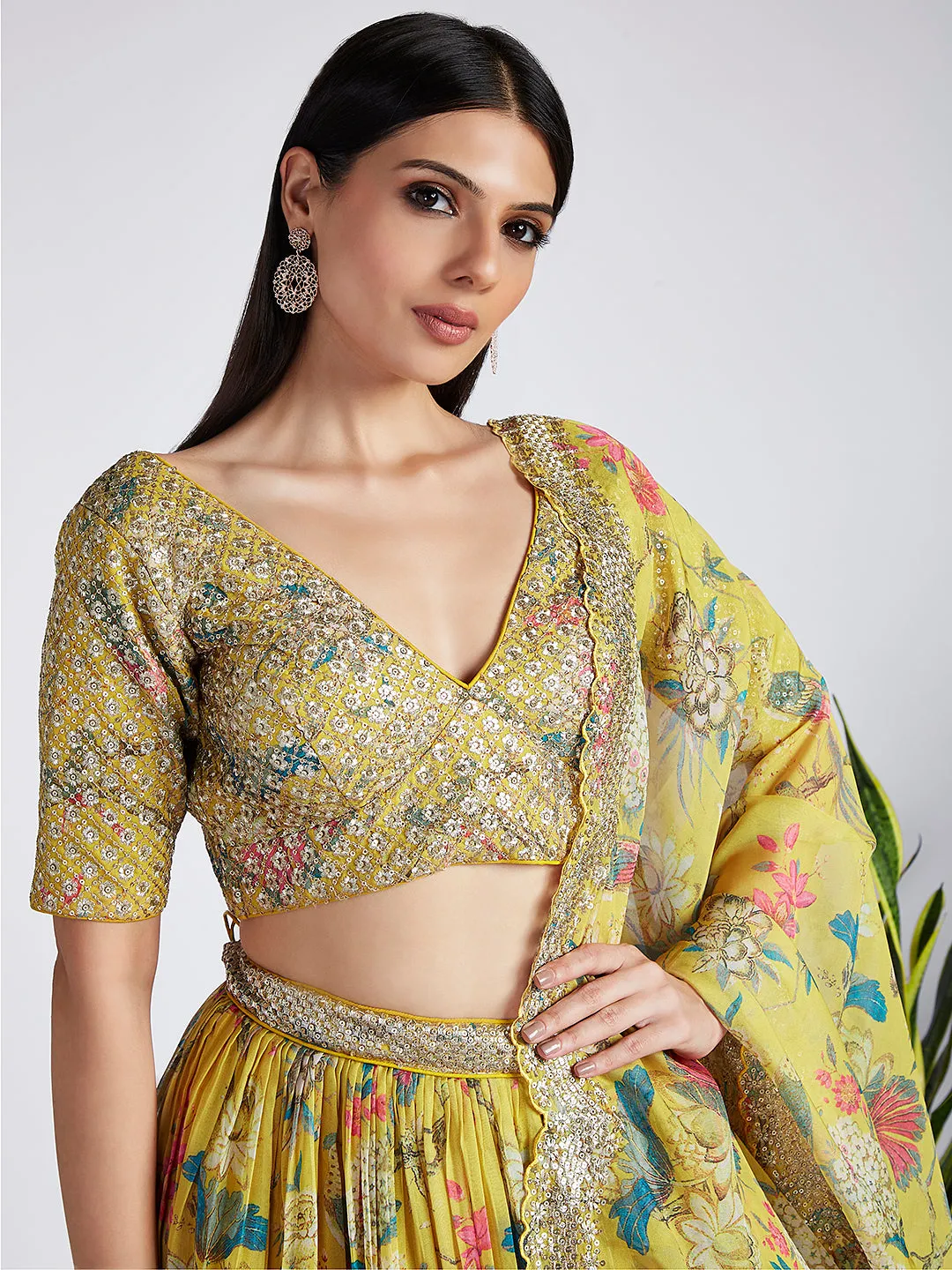 Mustard colour Organza Floral design digital print Semi-Stitched Lehenga choli & Dupatta