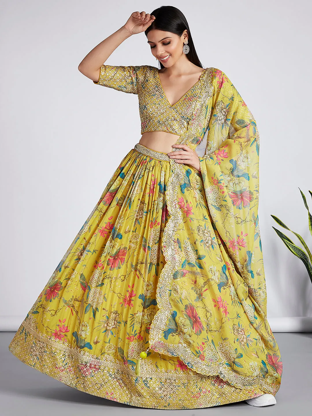 Mustard colour Organza Floral design digital print Semi-Stitched Lehenga choli & Dupatta