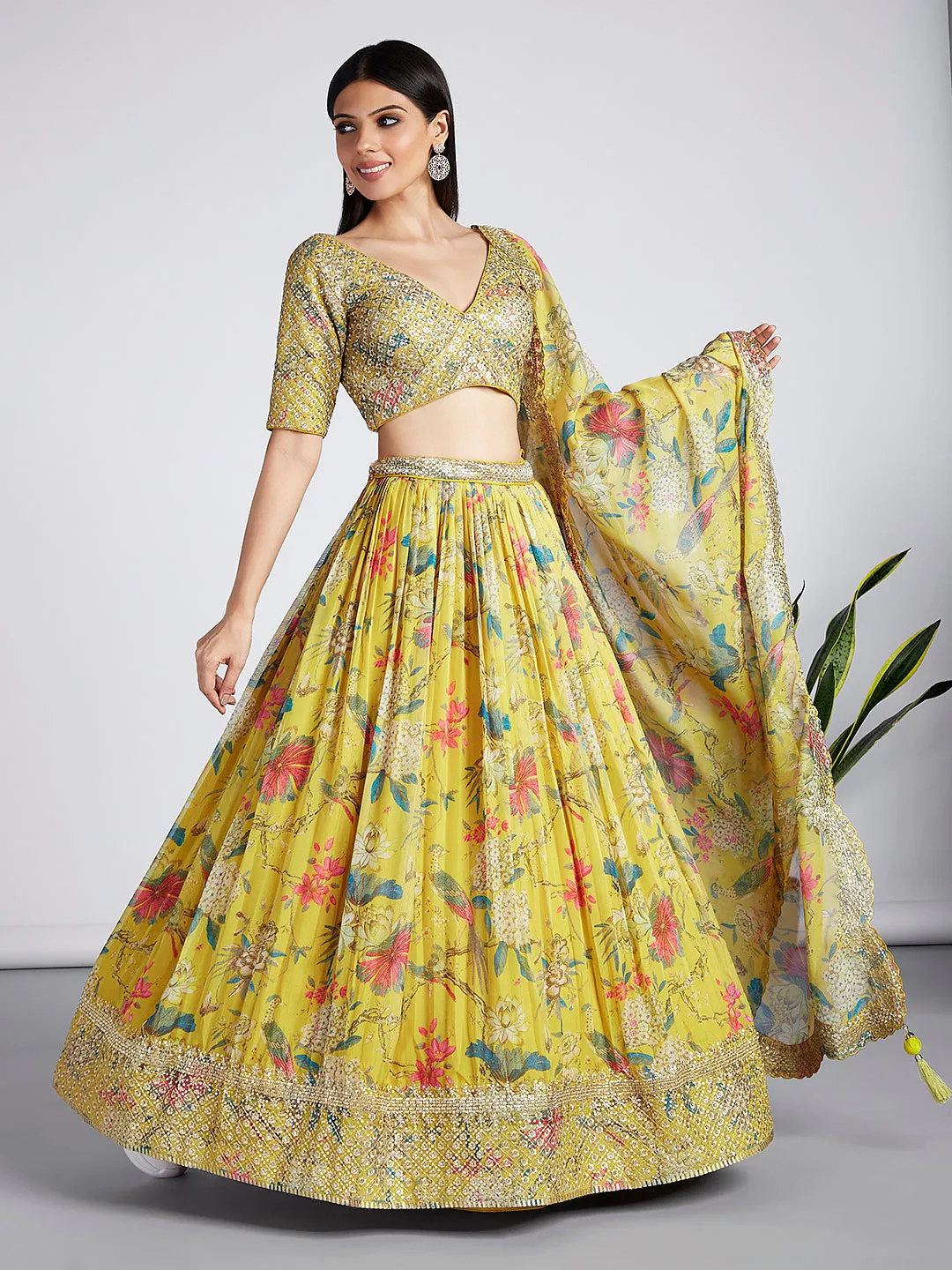 Mustard colour Organza Floral design digital print Semi-Stitched Lehenga choli & Dupatta