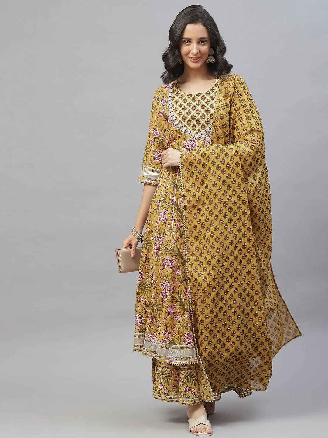 Mustard Cotton Anarkali Kurta Palazzo Set With Dupatta