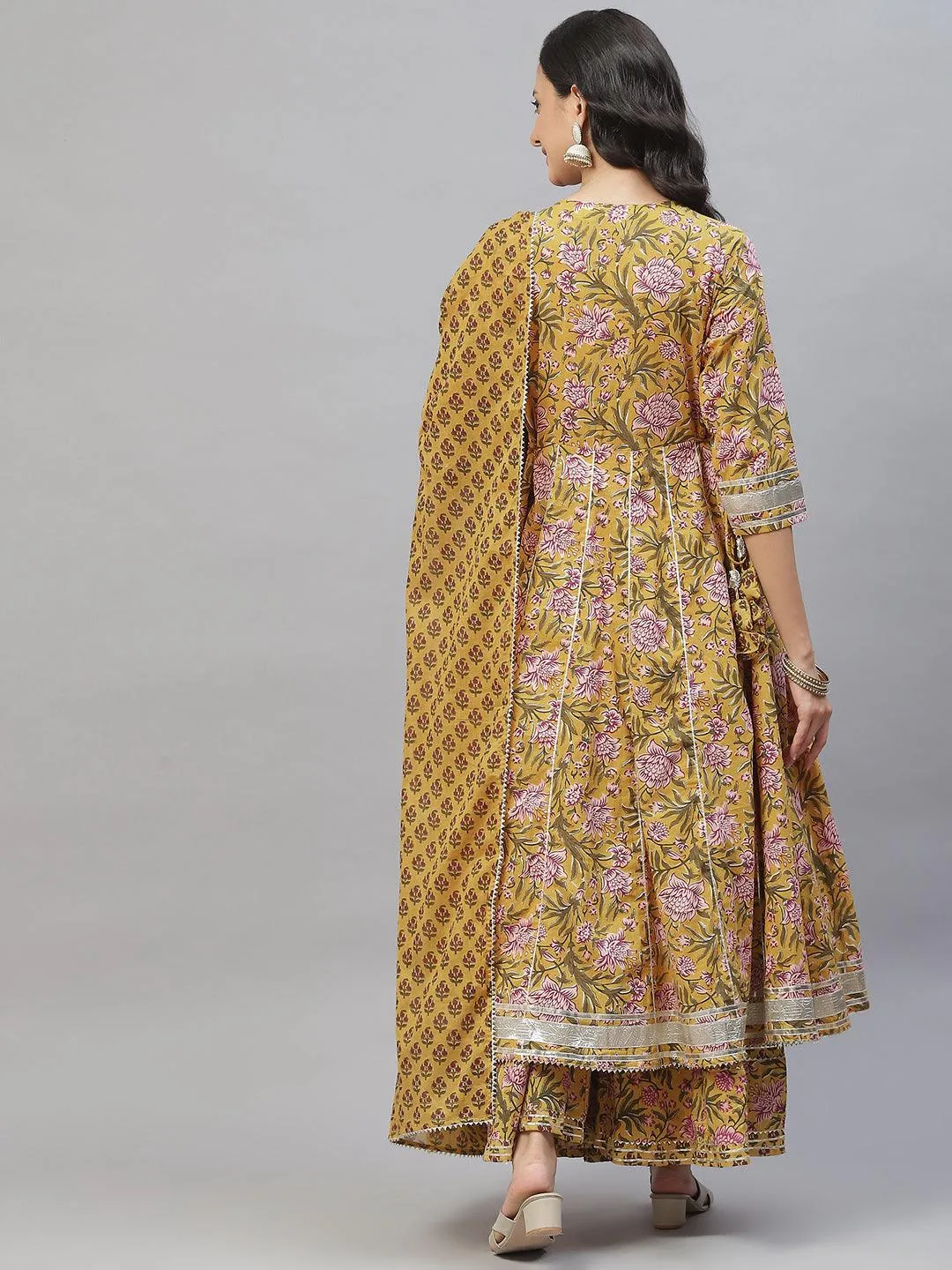 Mustard Cotton Anarkali Kurta Palazzo Set With Dupatta