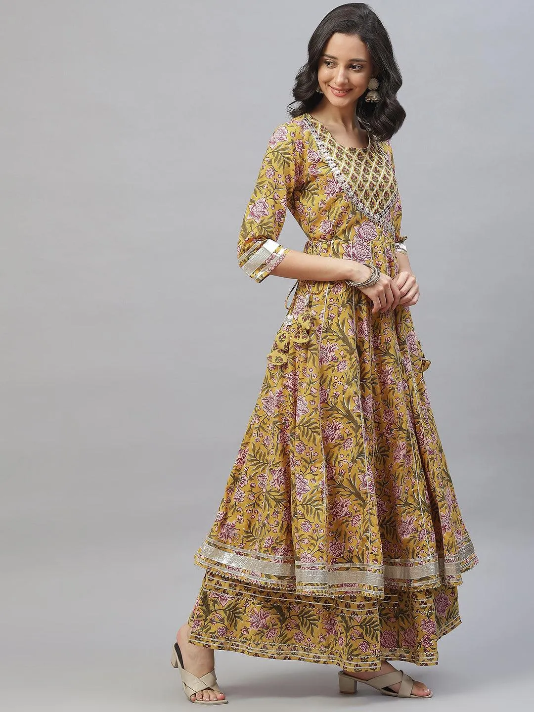 Mustard Cotton Anarkali Kurta Palazzo Set With Dupatta