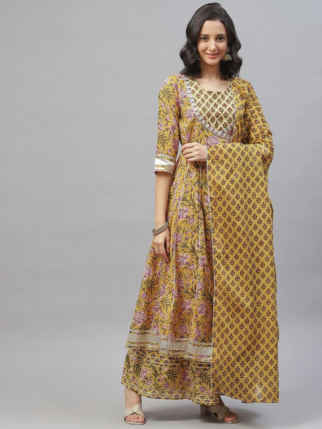 Mustard Cotton Anarkali Kurta Palazzo Set With Dupatta