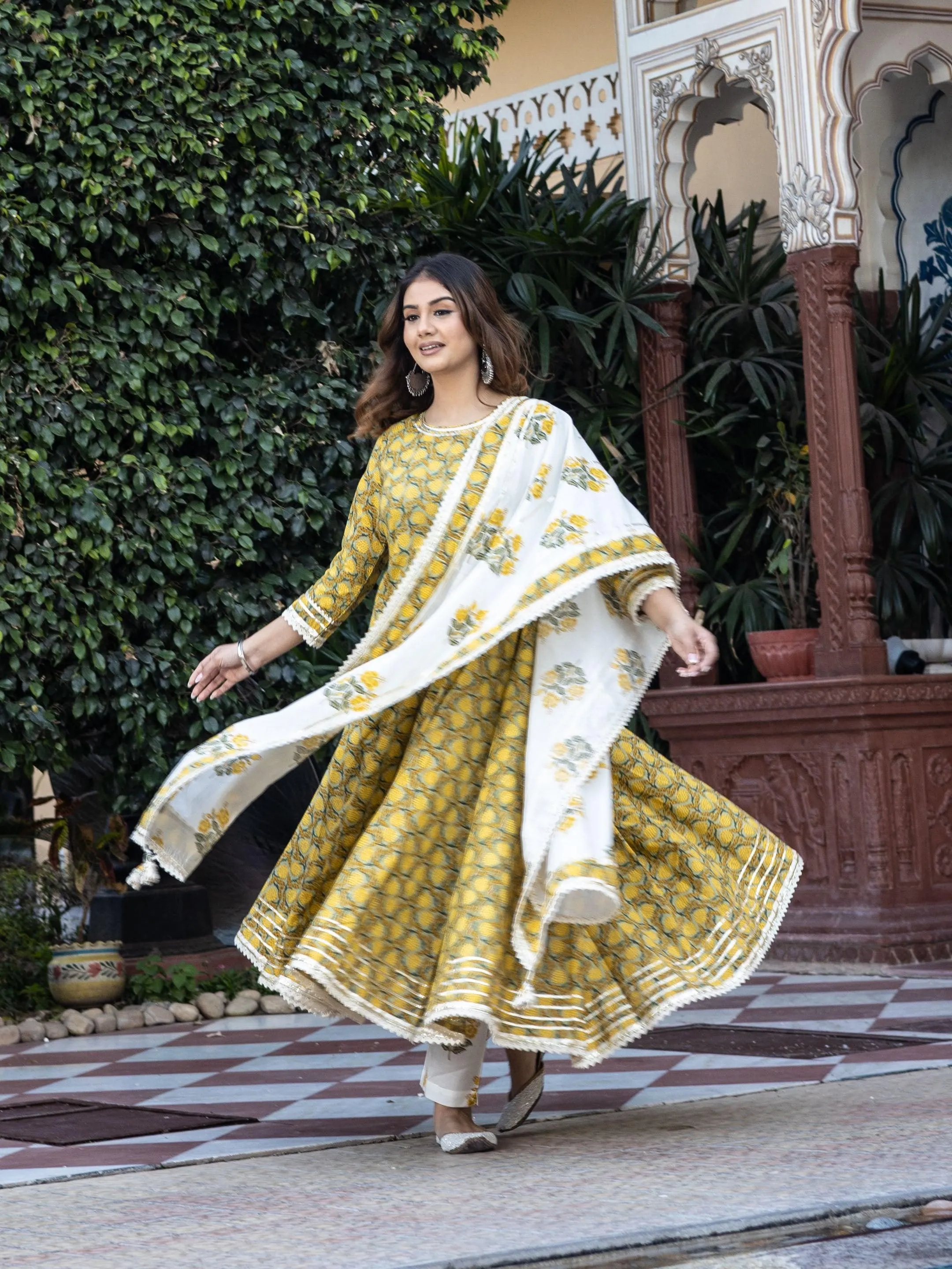 Mustard Cotton Anarkali Kurta Pant Set With Dupatta