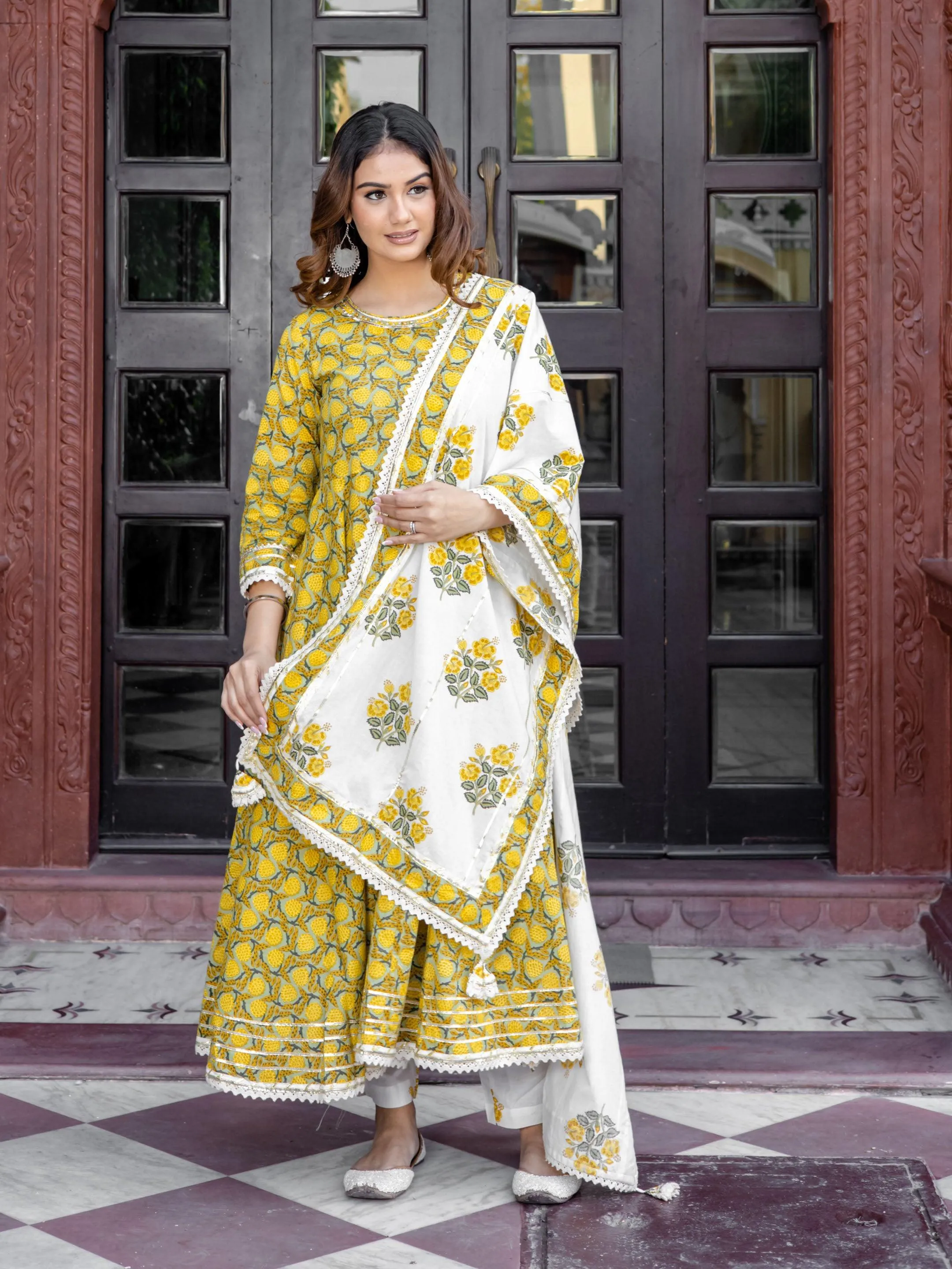 Mustard Cotton Anarkali Kurta Pant Set With Dupatta