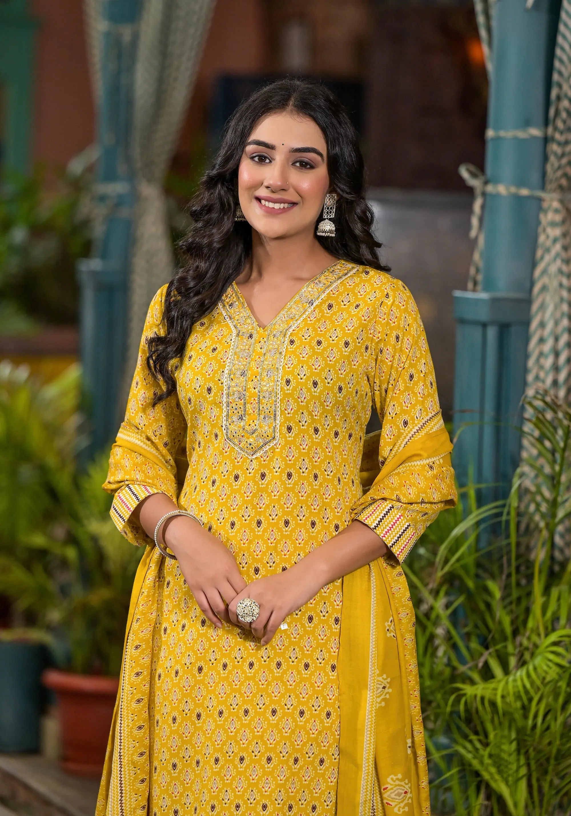 Mustard Ethnic Motif Printed Cotton Kurta Pant And Dupatta Set With Mirror work & Sequins