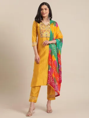 Mustard Floral Embroidery Kurta With Organza Bottom And Multi Color Bandhej Dupatta