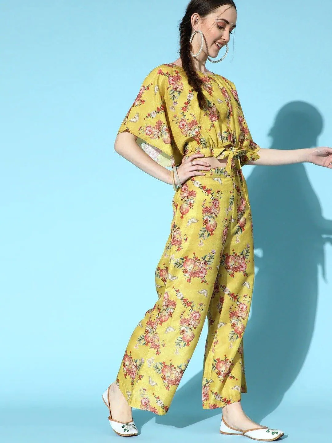 Mustard Floral Printed Crop Top With Flared Trouser Co-Ord Set