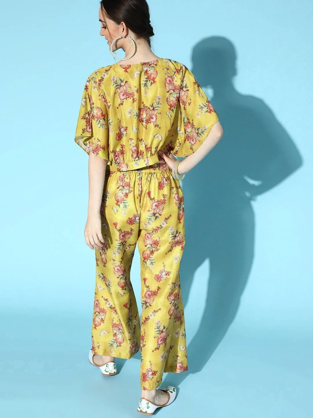 Mustard Floral Printed Crop Top With Flared Trouser Co-Ord Set