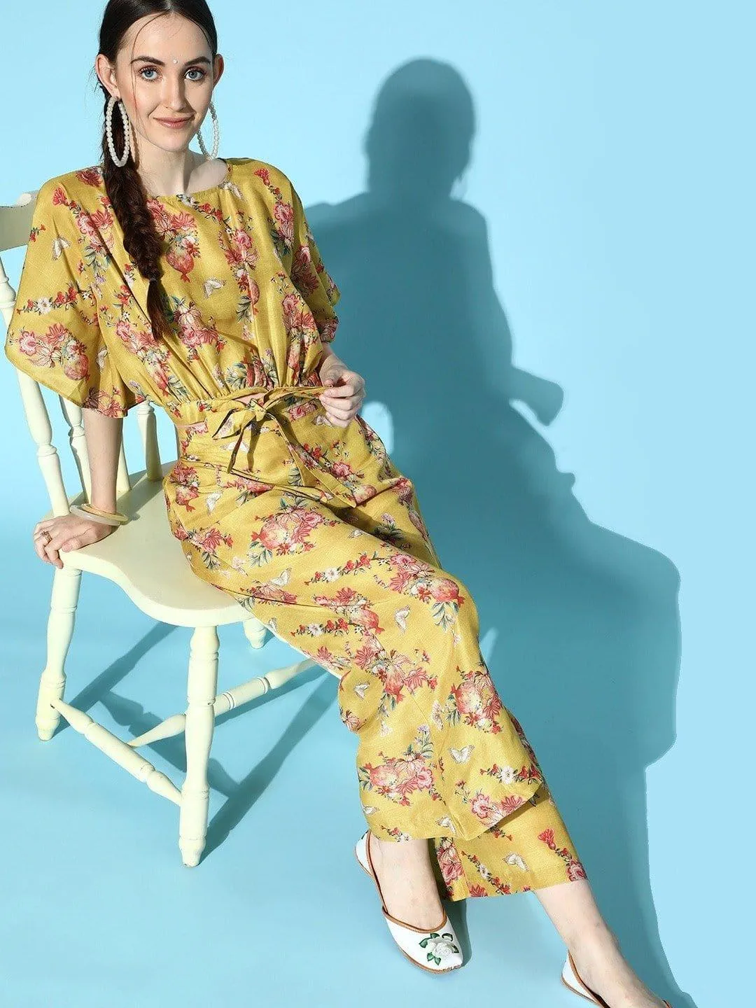 Mustard Floral Printed Crop Top With Flared Trouser Co-Ord Set