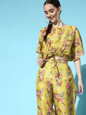 Mustard Floral Printed Crop Top With Flared Trouser Co-Ord Set