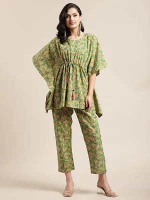 Mustard Floral Printed Kaftan Trouser Set