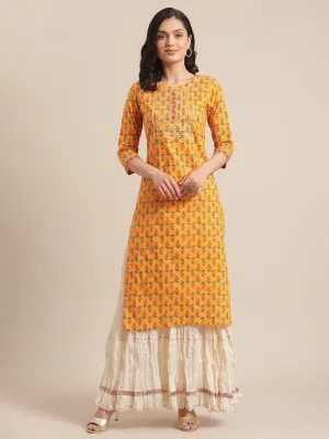 Mustard Floral Printed Kurta With Gota Work On Yoke And 3/4Th Sleeves