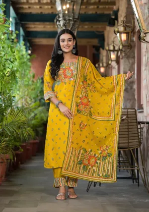 Mustard Floral Printed Liva Rayon Kurta Pant And Dupatta Set With Sequins