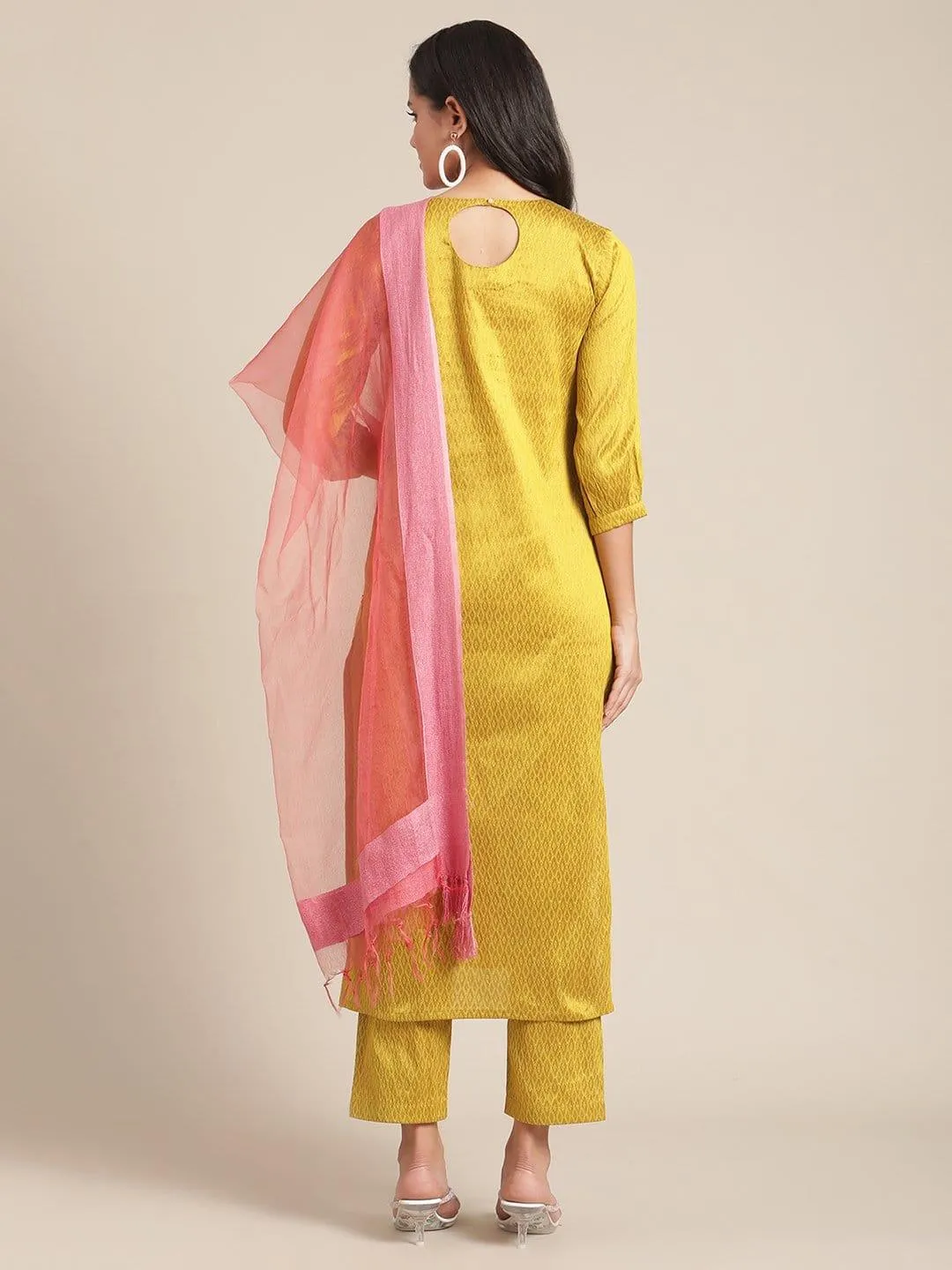 Mustard Gota Patti Embroidery Kurta Trouser Set With Silk Dupatta