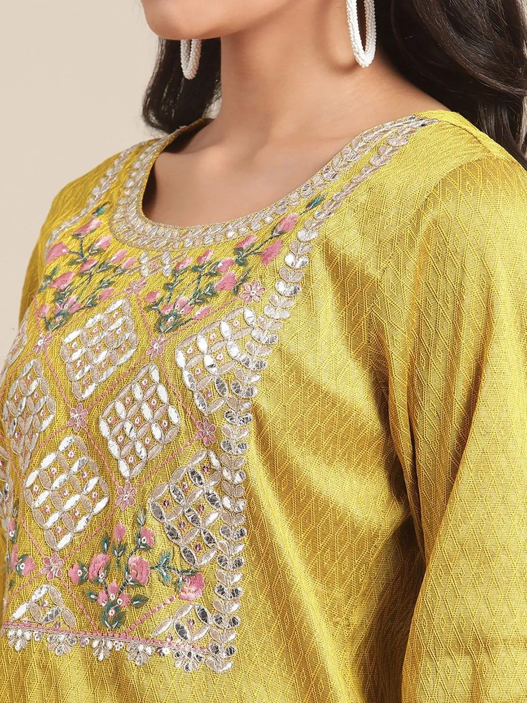 Mustard Gota Patti Embroidery Kurta Trouser Set With Silk Dupatta