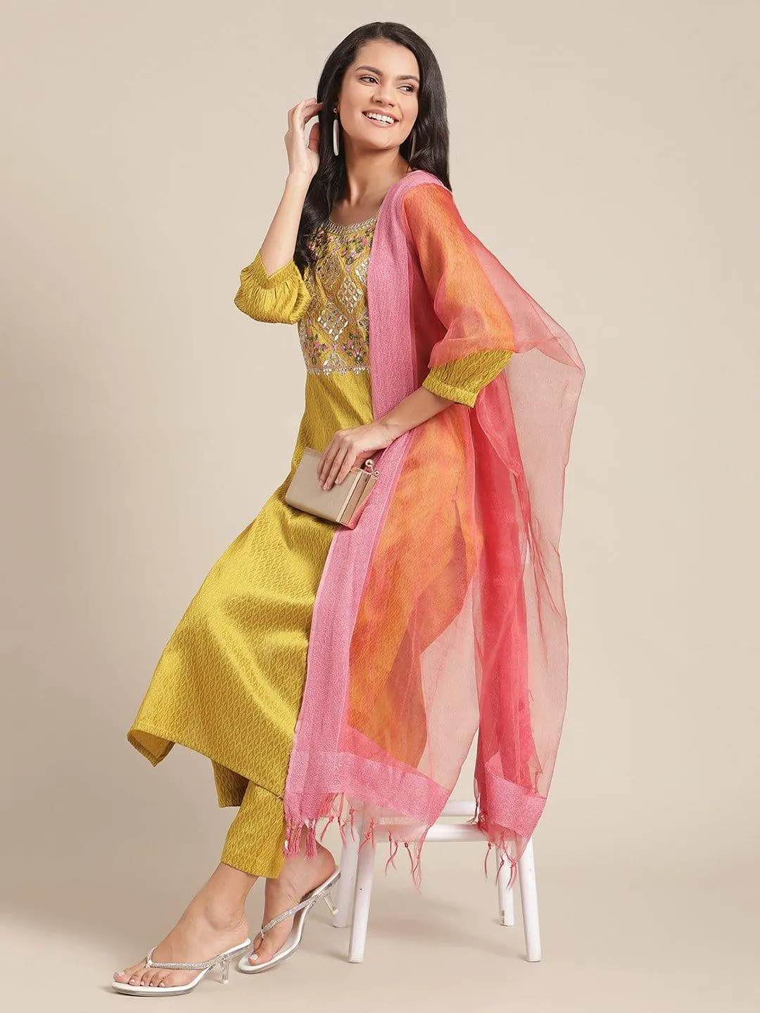 Mustard Gota Patti Embroidery Kurta Trouser Set With Silk Dupatta