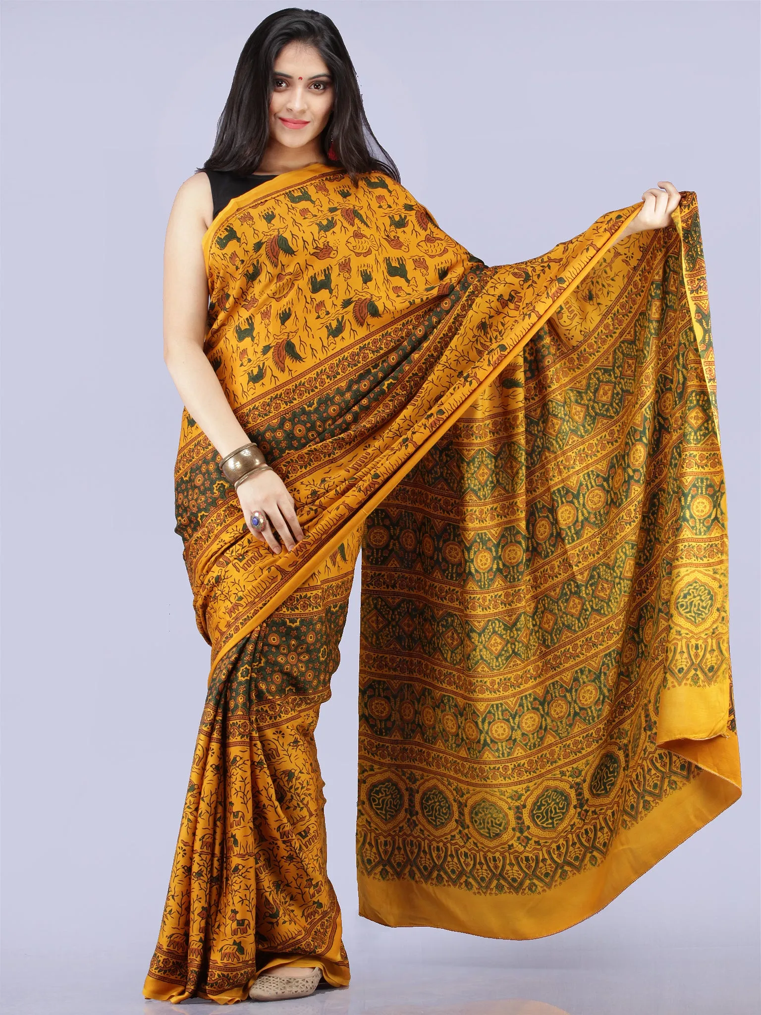 Mustard Green Rust Ajrakh Hand Block Printed Modal Silk Saree - S031704268