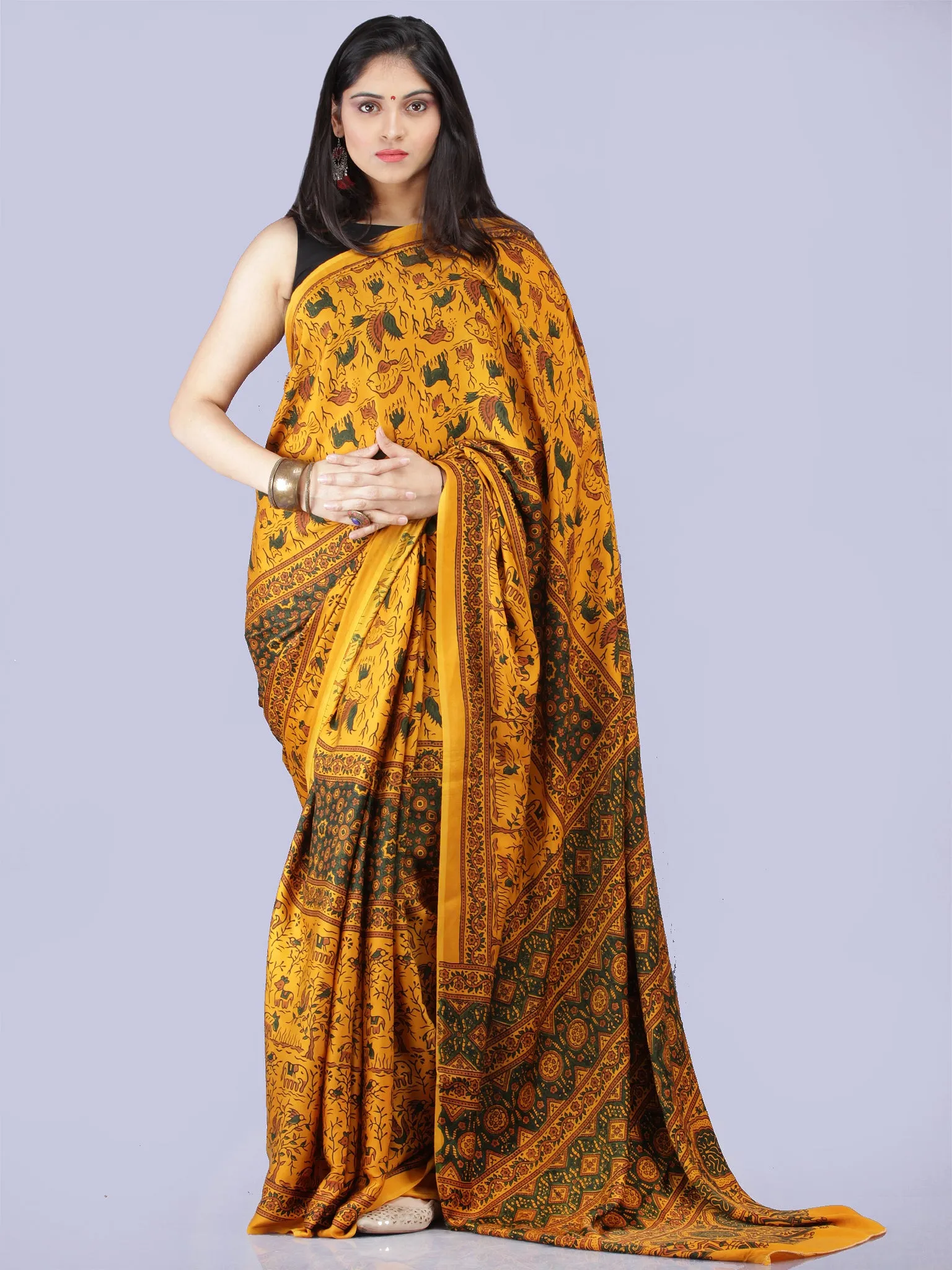 Mustard Green Rust Ajrakh Hand Block Printed Modal Silk Saree - S031704268