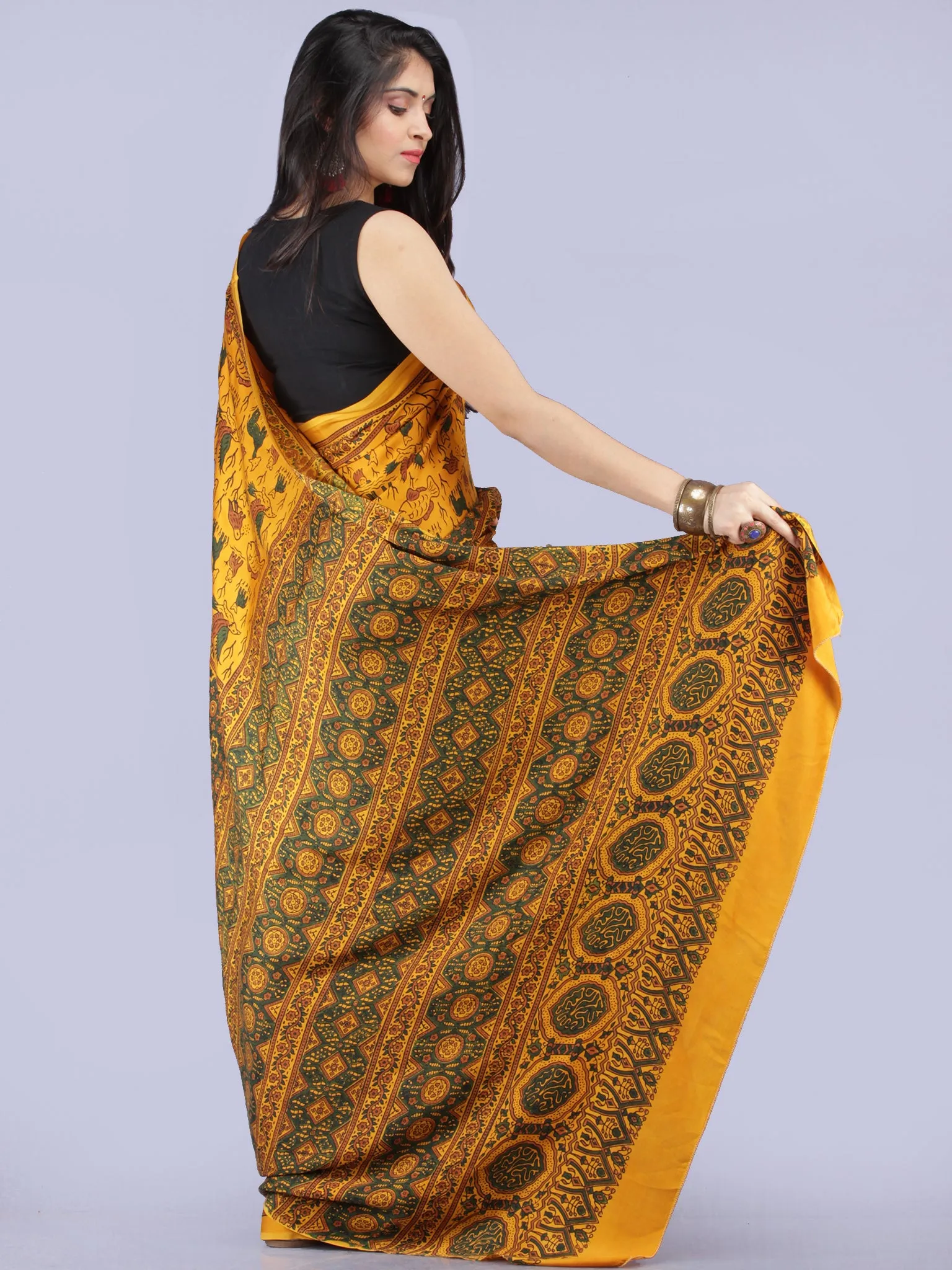 Mustard Green Rust Ajrakh Hand Block Printed Modal Silk Saree - S031704268