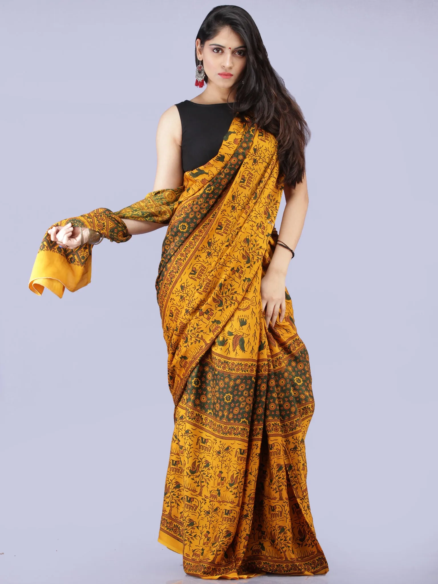 Mustard Green Rust Ajrakh Hand Block Printed Modal Silk Saree - S031704268