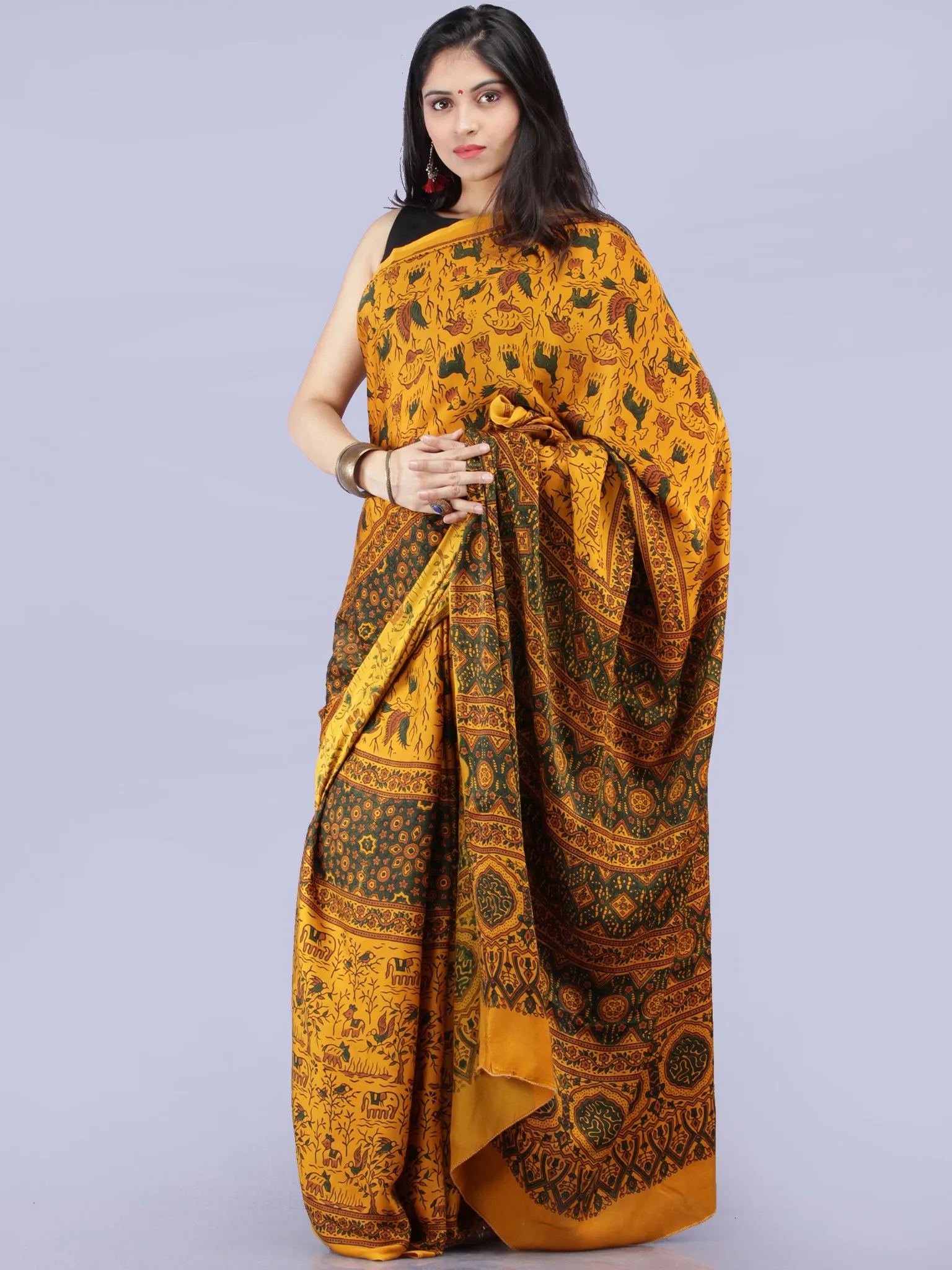 Mustard Green Rust Ajrakh Hand Block Printed Modal Silk Saree - S031704268