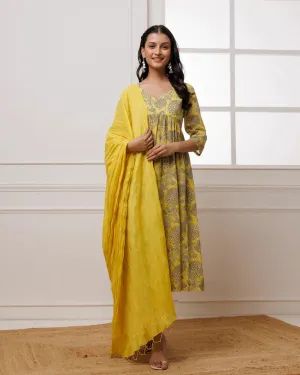 Mustard Hand Block Printed Mul-Mul Suit Set With Dupatta