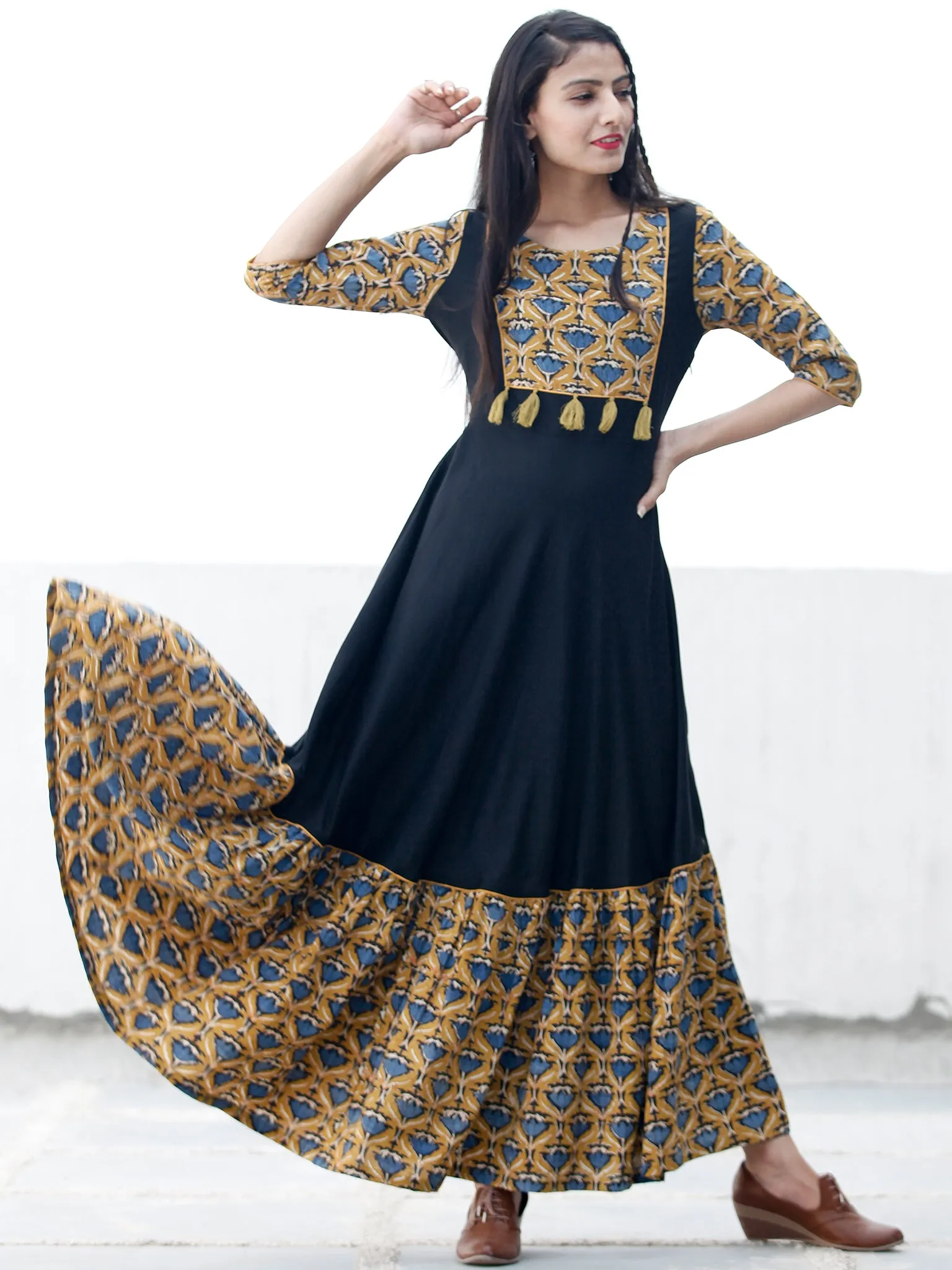 Mustard Indigo Black Hand Blocked Long Cotton & Rayon Dress  - D181F1377