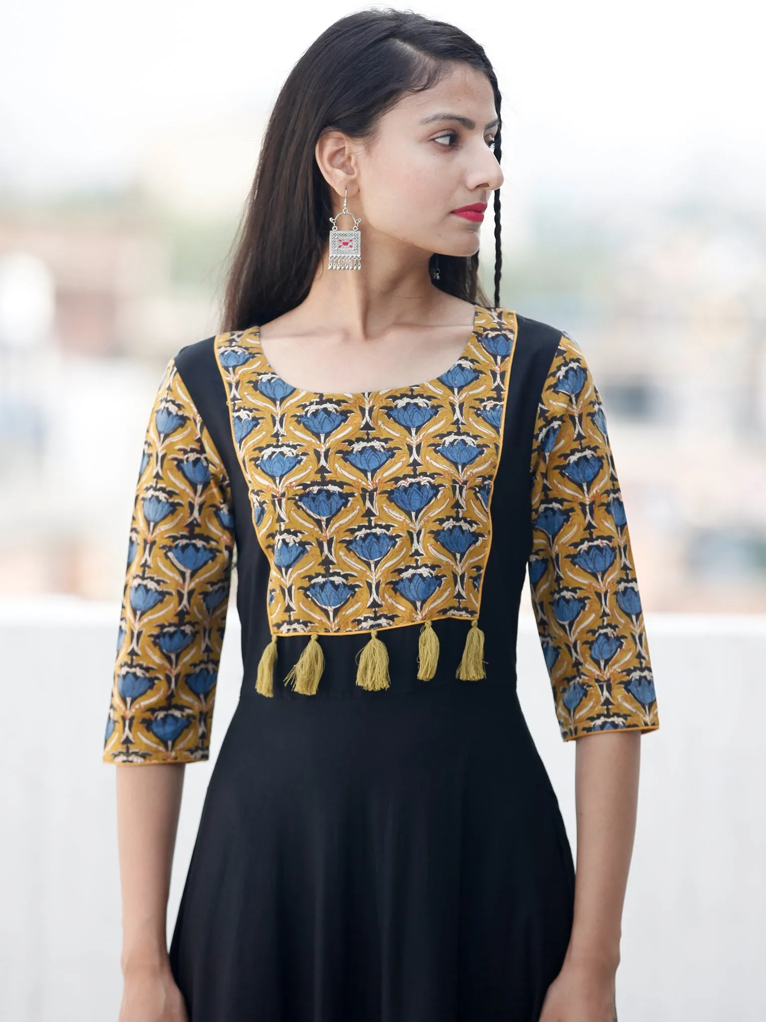 Mustard Indigo Black Hand Blocked Long Cotton & Rayon Dress  - D181F1377