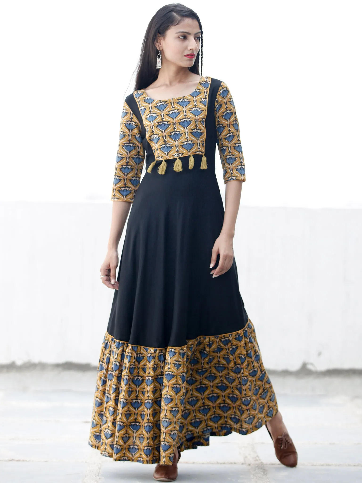 Mustard Indigo Black Hand Blocked Long Cotton & Rayon Dress  - D181F1377