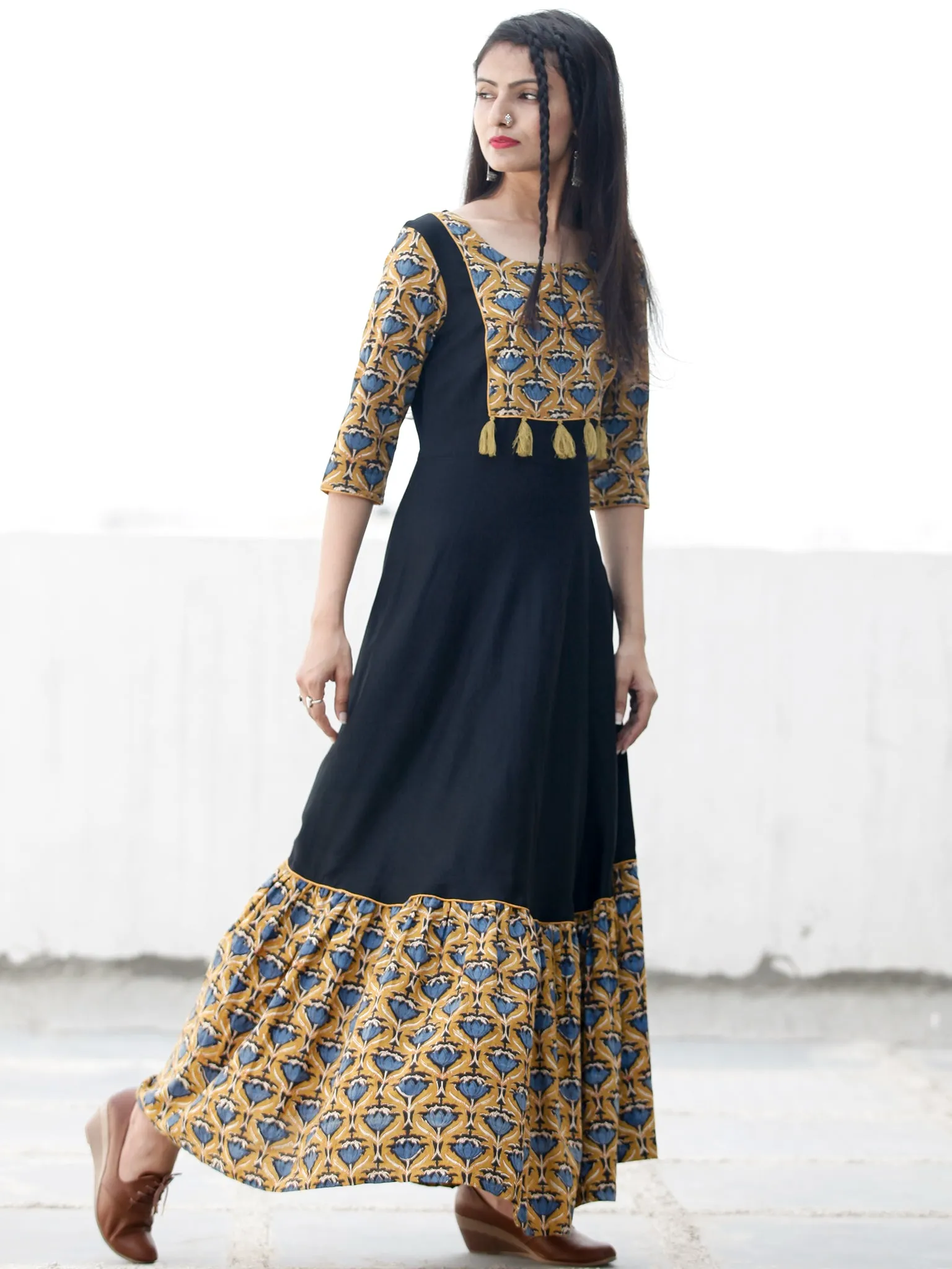 Mustard Indigo Black Hand Blocked Long Cotton & Rayon Dress  - D181F1377