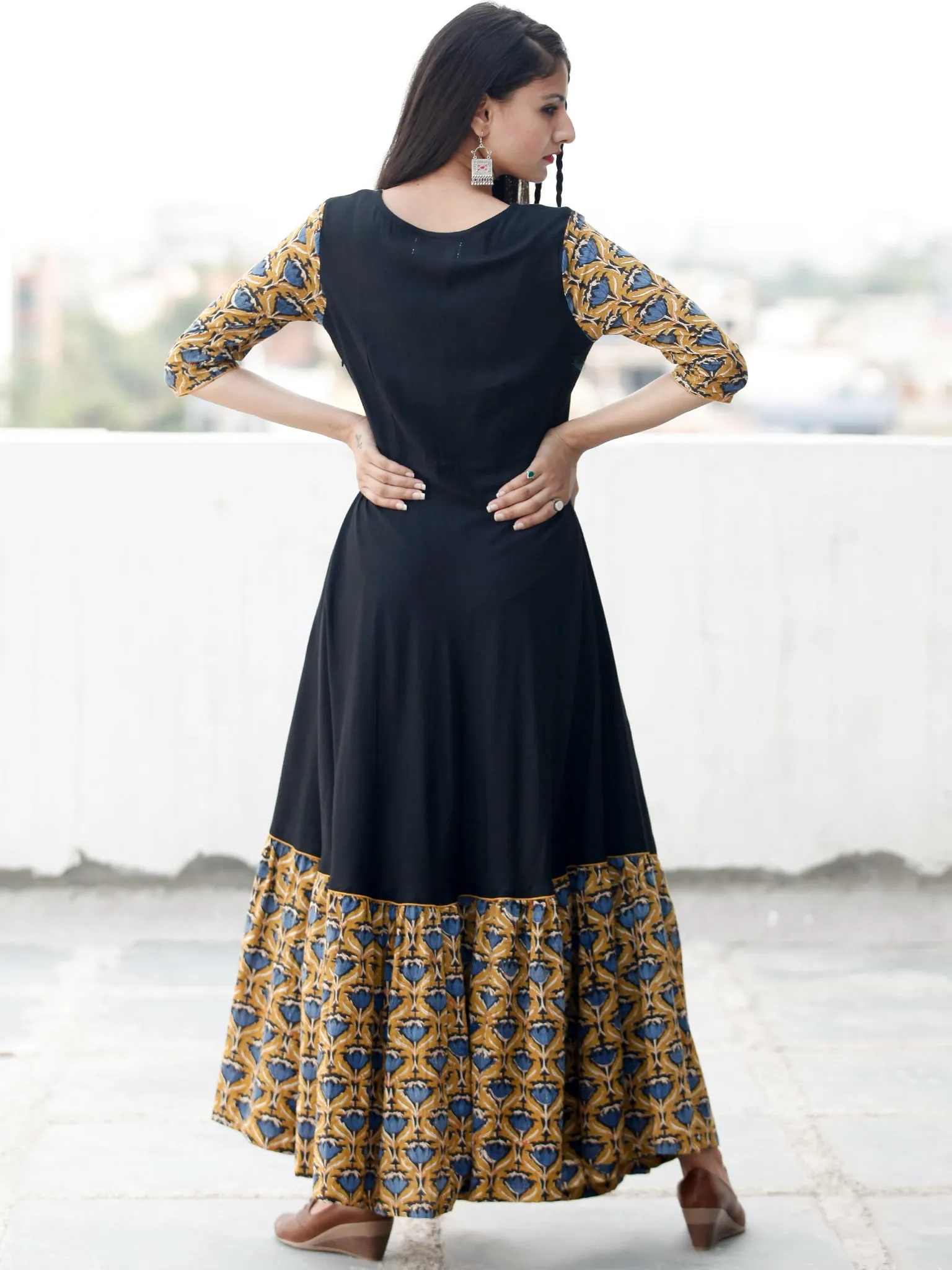 Mustard Indigo Black Hand Blocked Long Cotton & Rayon Dress  - D181F1377