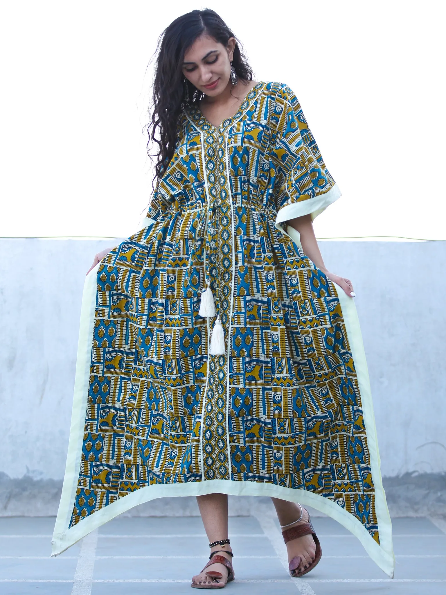 Mustard Indigo OffWhite Hand Block Printed C Cut Kaftan - K131F2257