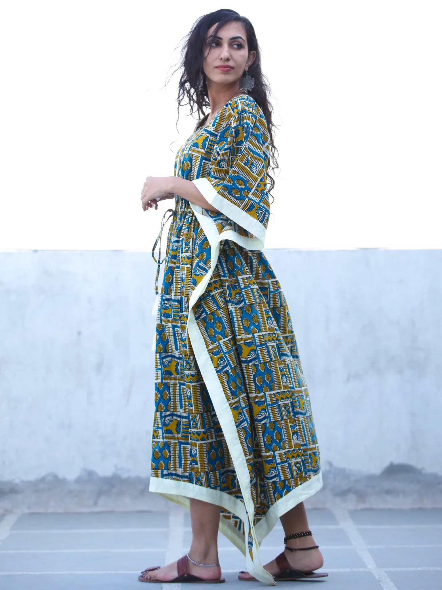 Mustard Indigo OffWhite Hand Block Printed C Cut Kaftan - K131F2257