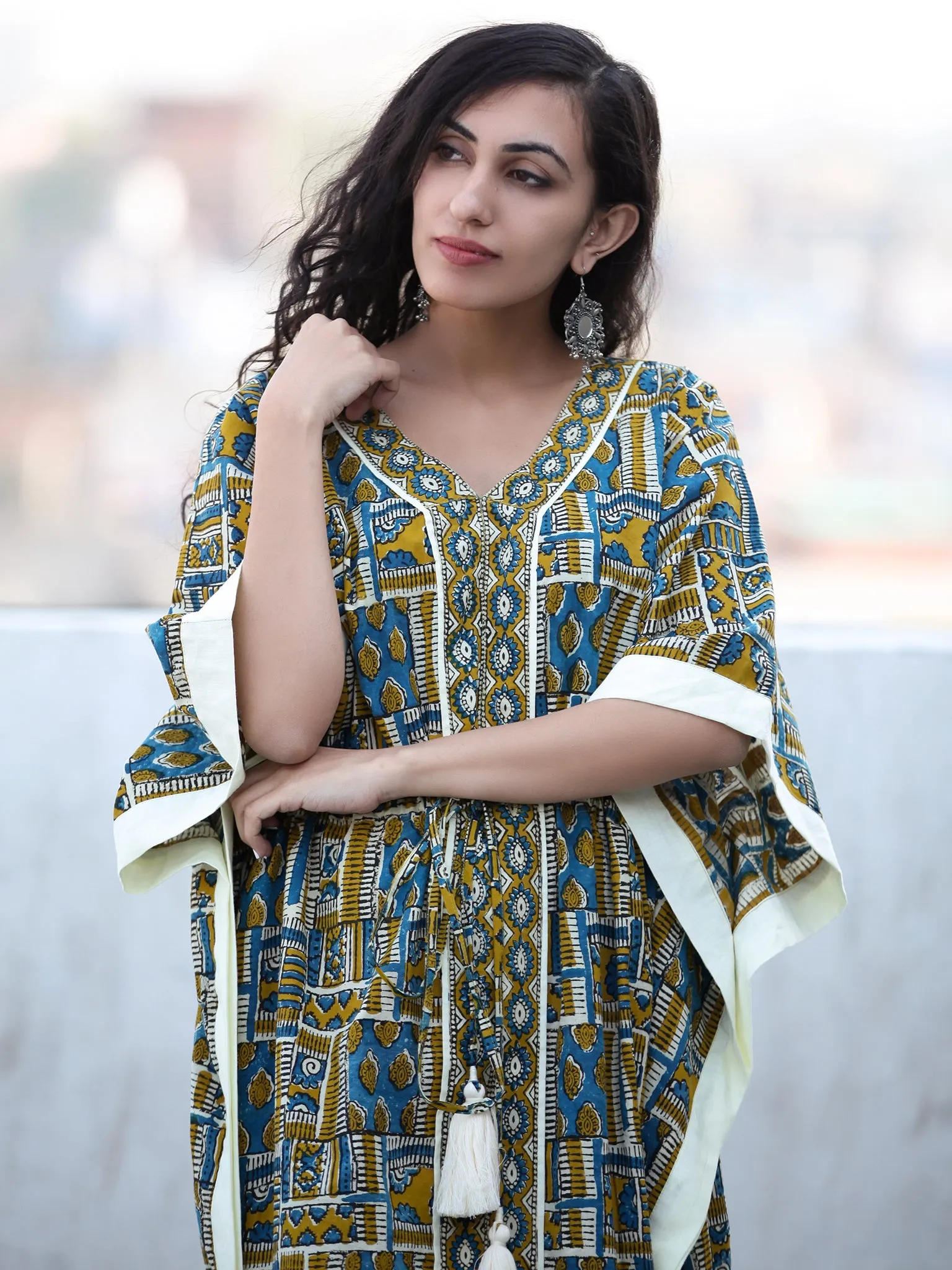 Mustard Indigo OffWhite Hand Block Printed C Cut Kaftan - K131F2257