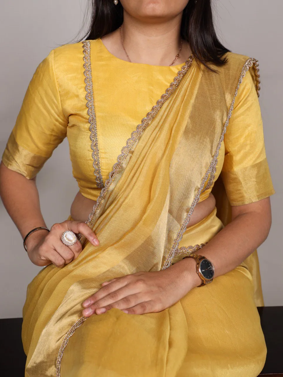 Mustard Mannat Silk Saree with Zari Weaving & Lace Border