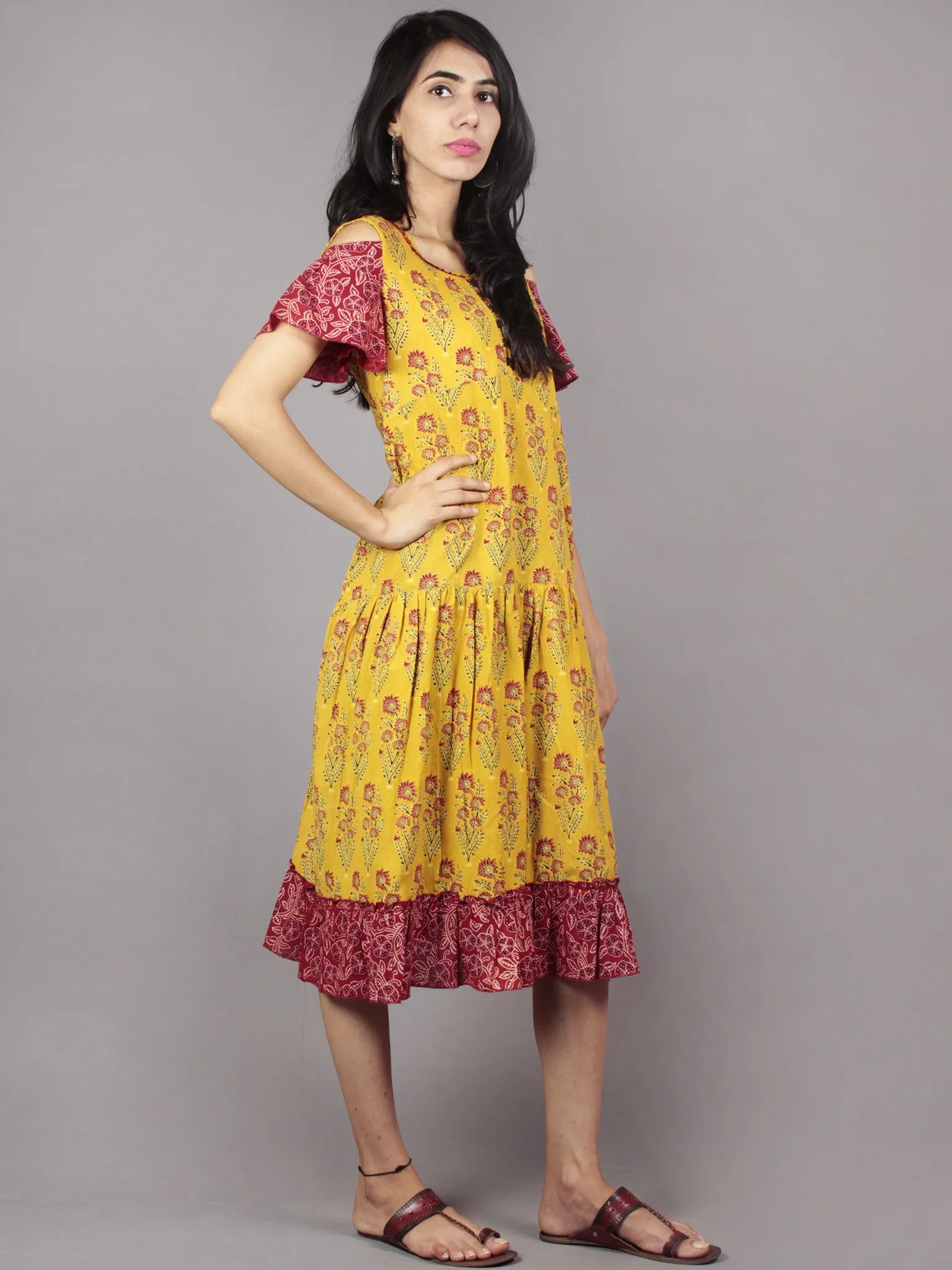 Mustard Maroon Black Ivory Ajrakh Block Mughal Printed Tier Cotton Dress With Cold Shoulders  - D60F623