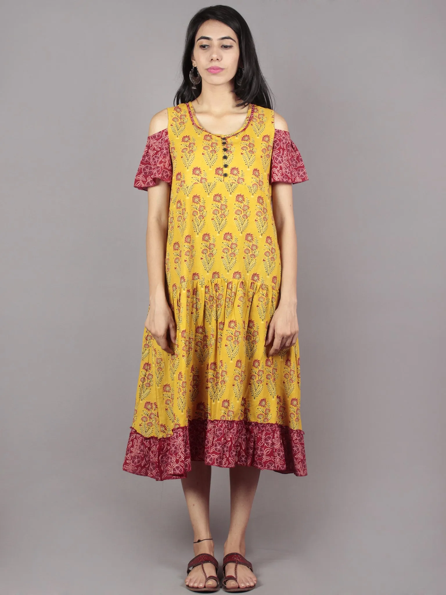 Mustard Maroon Black Ivory Ajrakh Block Mughal Printed Tier Cotton Dress With Cold Shoulders  - D60F623