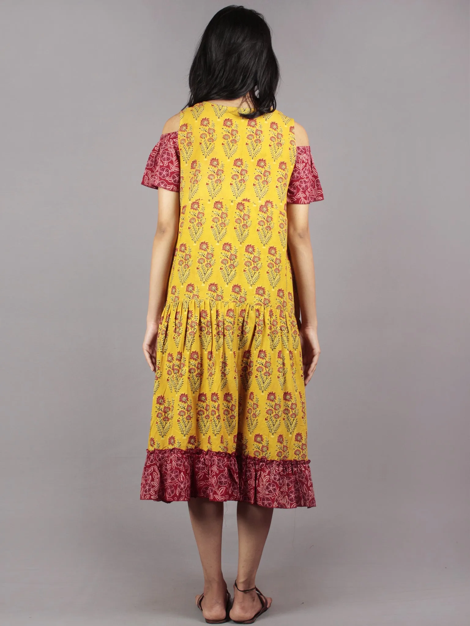 Mustard Maroon Black Ivory Ajrakh Block Mughal Printed Tier Cotton Dress With Cold Shoulders  - D60F623