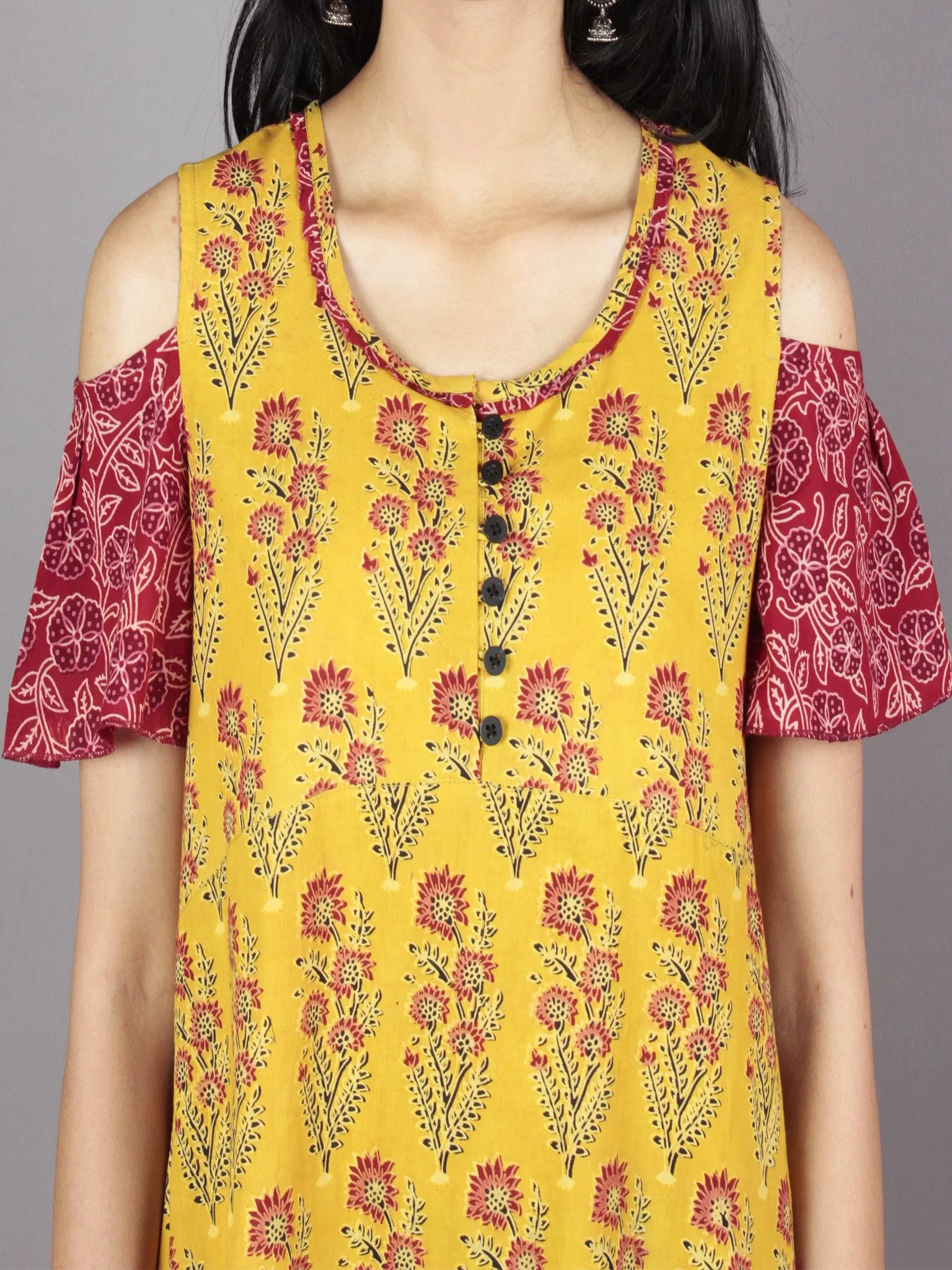 Mustard Maroon Black Ivory Ajrakh Block Mughal Printed Tier Cotton Dress With Cold Shoulders  - D60F623