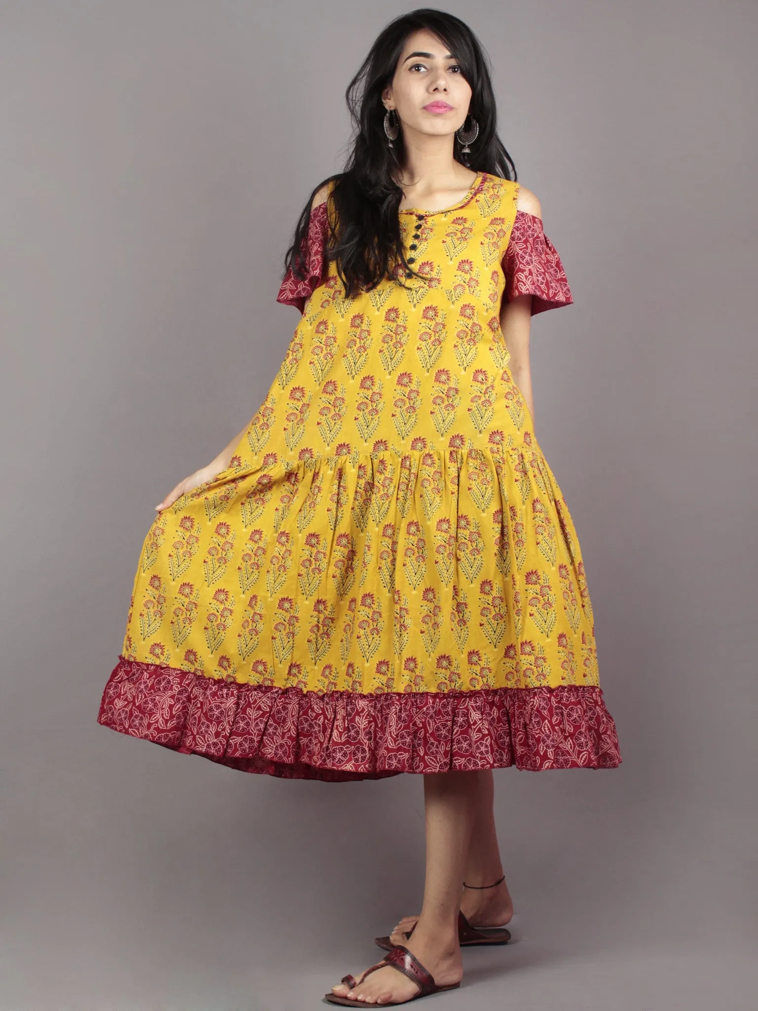 Mustard Maroon Black Ivory Ajrakh Block Mughal Printed Tier Cotton Dress With Cold Shoulders  - D60F623