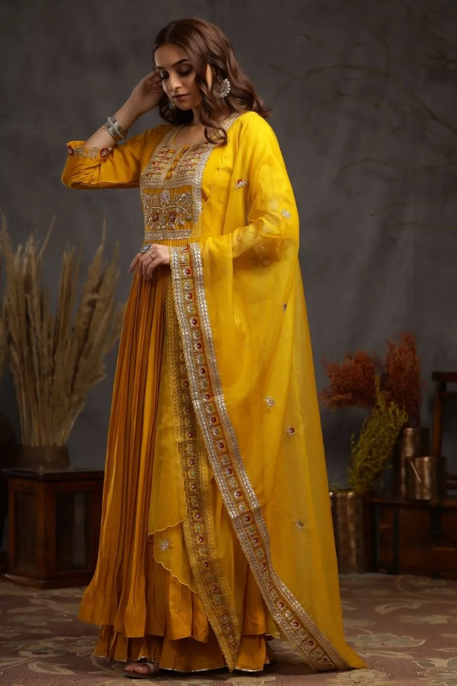 Mustard Modal Silk Long Enkle Length Stylish Dress And Dupatta With Embroidery