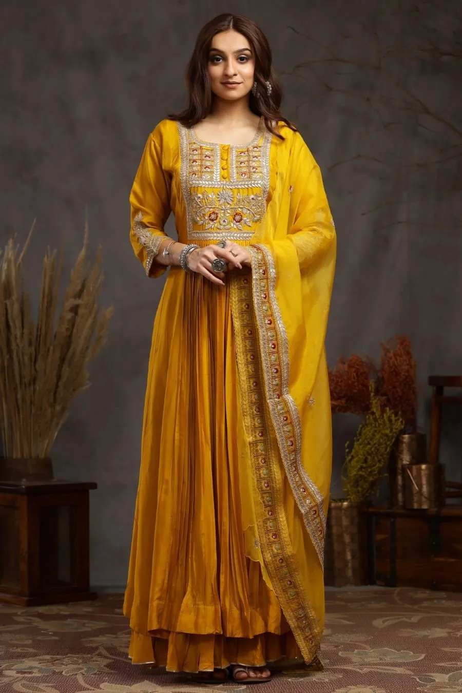 Mustard Modal Silk Long Enkle Length Stylish Dress And Dupatta With Embroidery