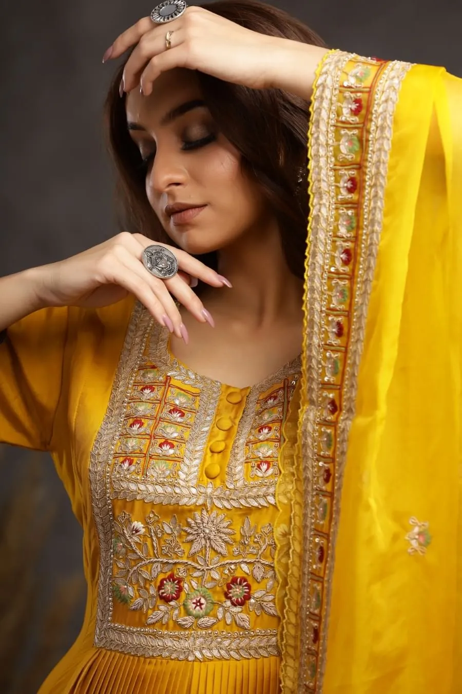 Mustard Modal Silk Long Enkle Length Stylish Dress And Dupatta With Embroidery