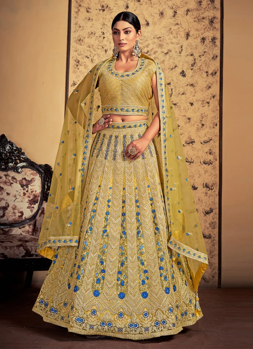 Mustard Net Readymade Lehenga Choli