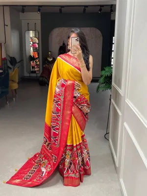 Mustard Patola Dola Silk Foil Work Saree