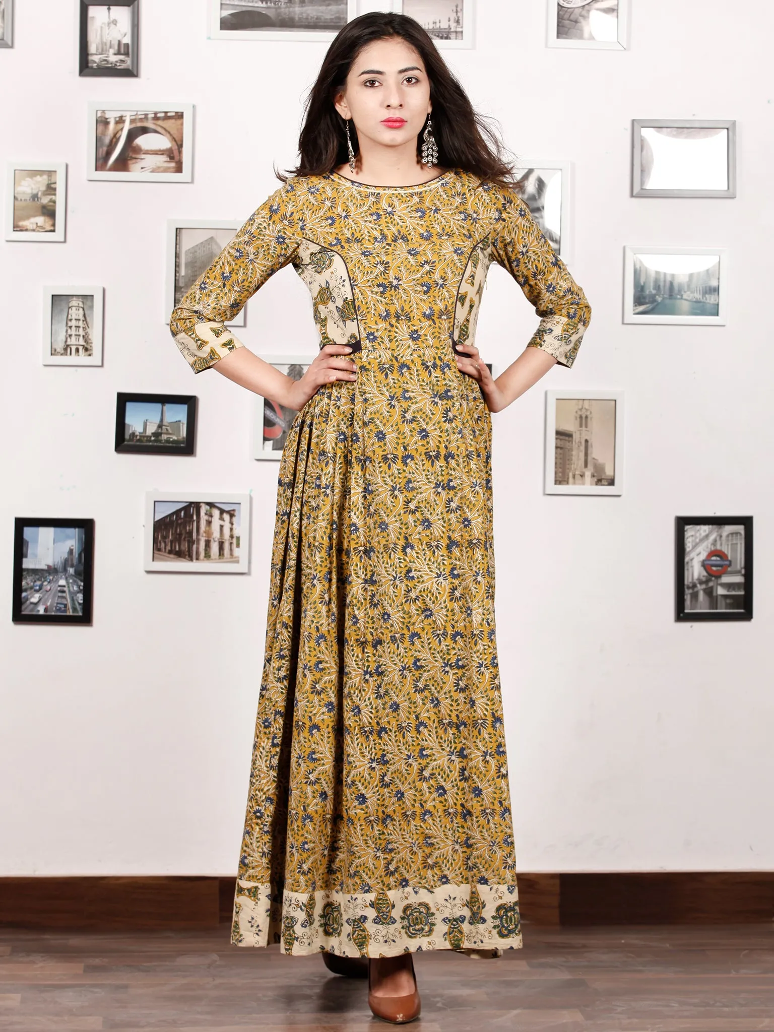 Mustard Spring - Hand Block Printed Cotton Long Gathers Dress - D318F1309