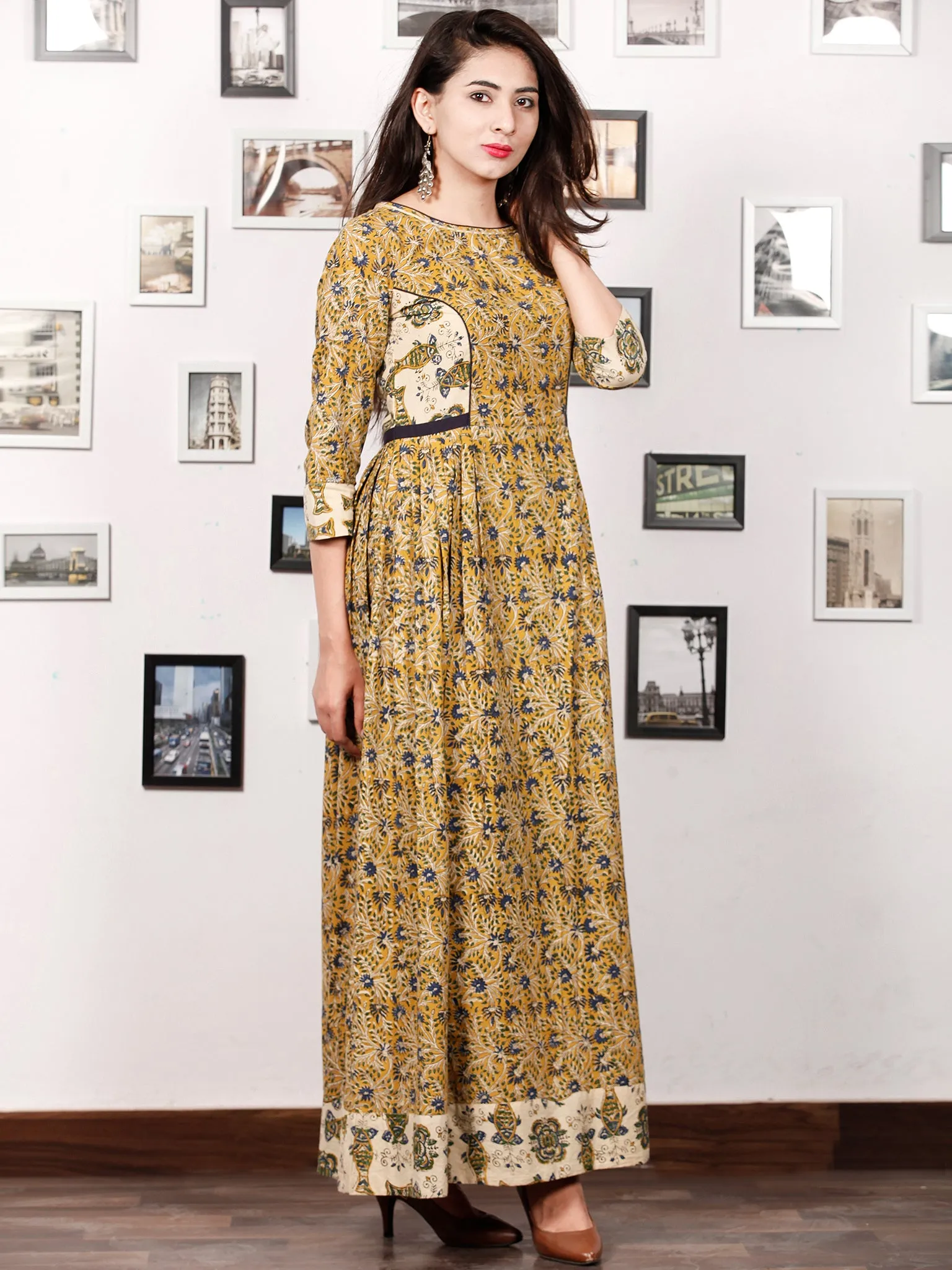 Mustard Spring - Hand Block Printed Cotton Long Gathers Dress - D318F1309