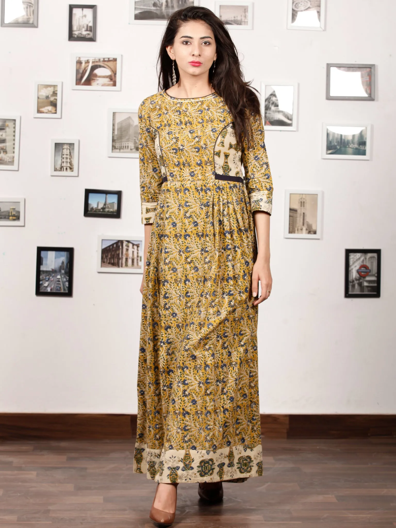 Mustard Spring - Hand Block Printed Cotton Long Gathers Dress - D318F1309